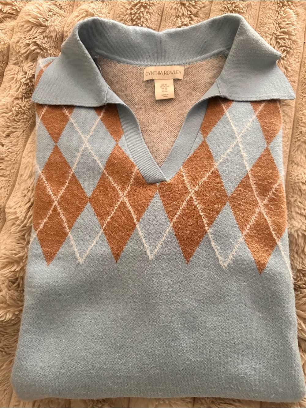 Cynthia Rowley Blue and Tan Argyle Polo V-Neck Sweater XL